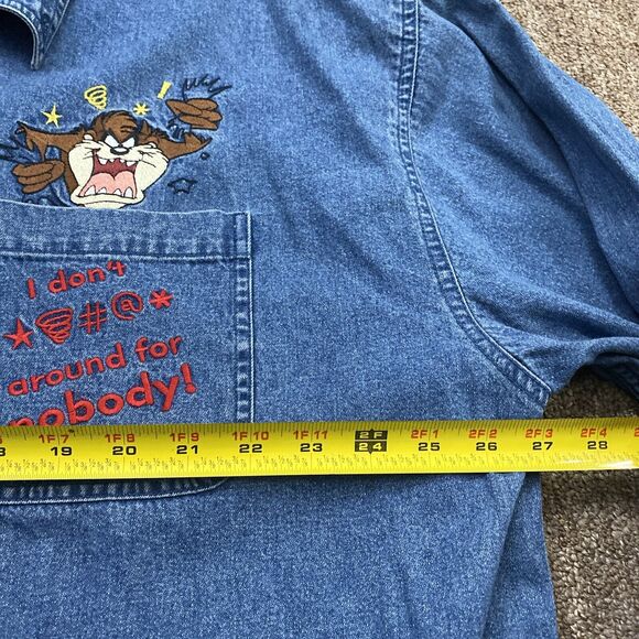 Vintage 2000 Warner Bros Taz I Don't @ Around for Nobody Button XXL Shirt Blue - Picture 3 of 9